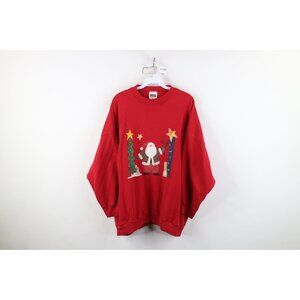 Vintage 90s Womens 3XL Faded Christmas Patchwork Santa Claus Sweatshirt Red USA